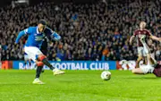 Youssef Chermiti of Rangers scores third goal of the game during the William Hill Premiership match between Rangers and Heart of Midlothian at Ibrox Stadium on February 15, 2026 in Glasgow, Scotland. (Photo by WM Sport Media/Getty Images)