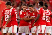 Benfica's players celebrate a goal against St. Gallen in the Europa League.