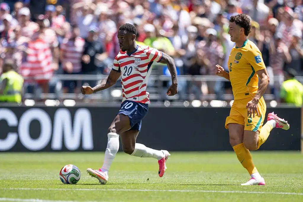 Folarin Balogun #20 of the United States moves with the ball during the FIFA World Cup 2026 Group D match between USA and Australia at Seattle Stadium on June 19, 2026 in Seattle, Washington