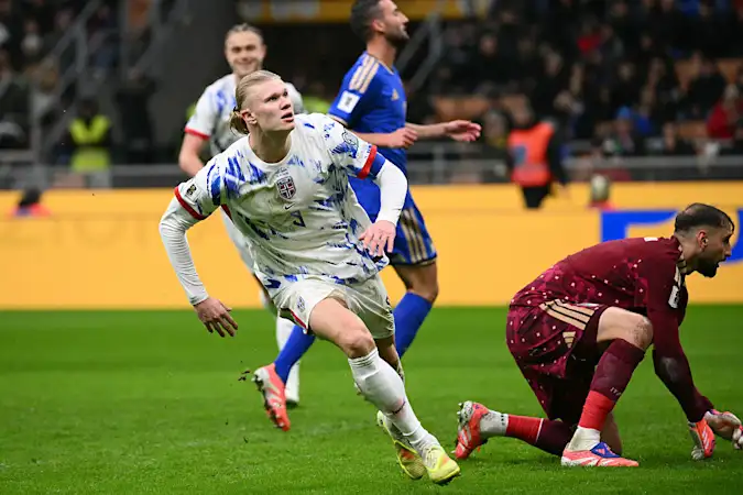 Erling Haaland in action for Norway in a World Cup qualifier against Italy.