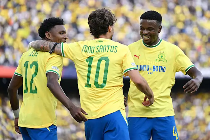 Nuno Santos of Mamelodi Sundowns FC celebrates scoring.