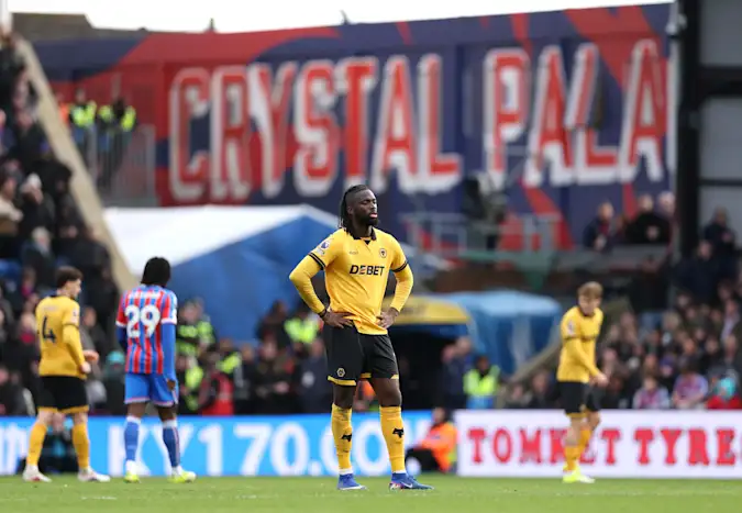 Tolu Arokodare of Wolverhampton Wanderers looks dejected during the Premier League match between Crystal Palace and Wolverhampton Wanderers at Selhurst Park on February 22, 2026