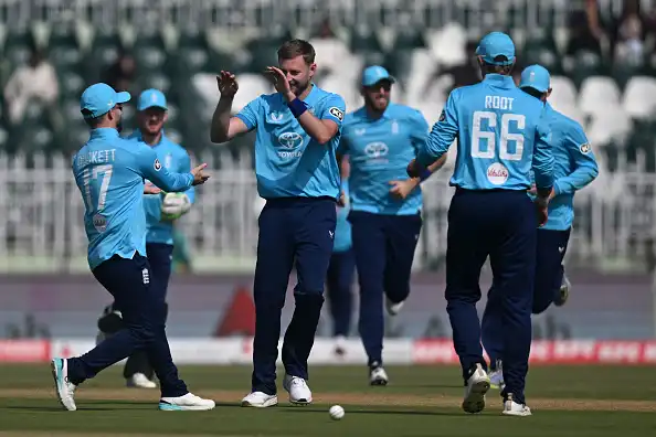 England's Gus Atkinson celebrates the wicket of Fakhar Zaman in their previous outing