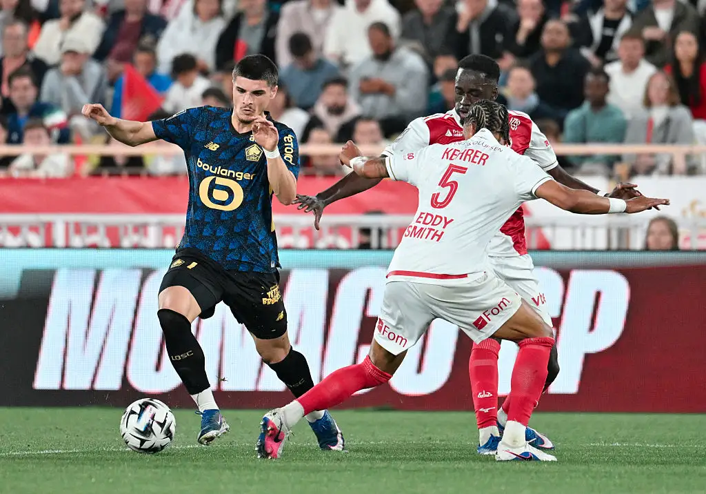Lille's Belgian forward #7 Matias Fernandez-Pardo (L) runs with the ball during the French L1 football match between AS Monaco and LOSC Lille at the Stade Louis II in the Principality of Monaco on May 10, 2026