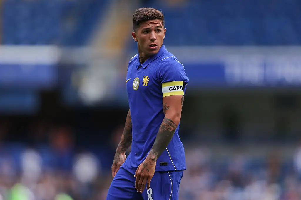 Enzo Fernandez of Chelsea looks on during the pre-season friendly match between Chelsea and Real Sociedad at Stamford Bridge on August 15, 2026 in London, England