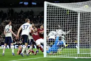 Callum Wilson of West Ham United scores his team's second goal past Guglielmo Vicario of Tottenham Hotspur