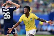 Vinicius Junior of Brazil celebrates his goal during the FIFA World Cup 2026 Group C match between Scotland and Brazil at Miami Stadium