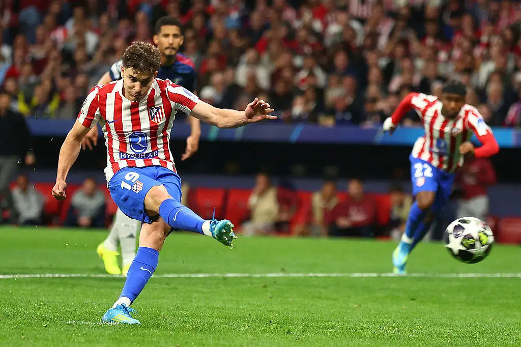 Julian Alvarez of Atletico Madrid scores a penalty to make the score 1-1 during the UEFA Champions League 2025/26 Semi Final First Leg match between Atletico de Madrid and Arsenal FC at on April 29, 2026 in Madrid, Spain