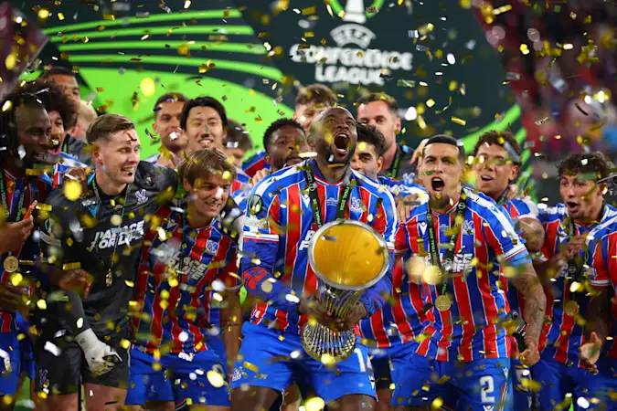 Jean-Philippe Mateta of Crystal Palace lifts the trophy with his team-mates following their victory at the end of the UEFA Conference League Final 2026 match between Crystal Palace FC and Rayo Vallecano de Madrid