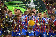 Jean-Philippe Mateta of Crystal Palace lifts the trophy with his team-mates following their victory at the end of the UEFA Conference League Final 2026 match between Crystal Palace FC and Rayo Vallecano de Madrid