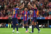 Barcelona's Lamine Yamal and Jules Koundé celebrate during a LaLiga match. Getty Images.